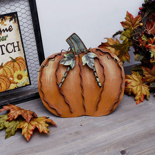 Metal Fall Pumpkin Decor Set of 2, Indoor Outdoor Standing Flat Pumpkin Decoration for Autumn Harvest Thanksgiving Halloween Decoration Home House Kitchen Decor