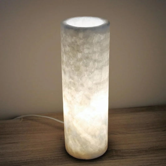 White Cylindrical Onyx Table Lamp, Minimalist Stone Lamp, Nightstand Lamp, Funky Bedside Lamp, Desk Lamp, Decorative Lamp, 4 "W X 12 "H X 4 "D, Accent Lamp for Living Room, Bedroom (Single-One Lamp)