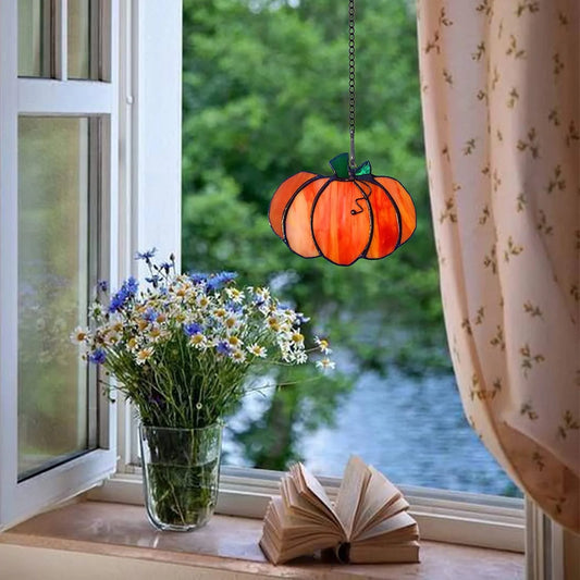 Fall Pumpkin Stained Glass Window Hangings Sun Catcher,Glass Pumpkin Decor,Fall Decor,Thanksgiving Decoration for Halloween Decor