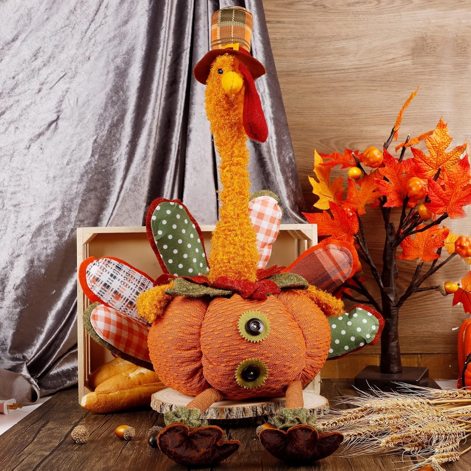 Thanksgiving Decoration 31.5" X 18.5" Plush Turkey with Stretchable Head, Handmade Stuffed Sitting Turkeys Fall Decorations for Indoor Home Tabletop Party Autumn Decor (Cock)