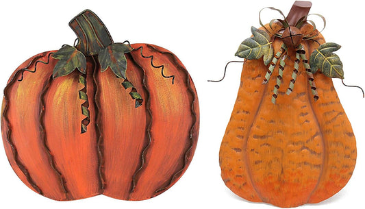 Metal Fall Pumpkin Decor Set of 2, Indoor Outdoor Standing Flat Pumpkin Decoration for Autumn Harvest Thanksgiving Halloween Decoration Home House Kitchen Decor