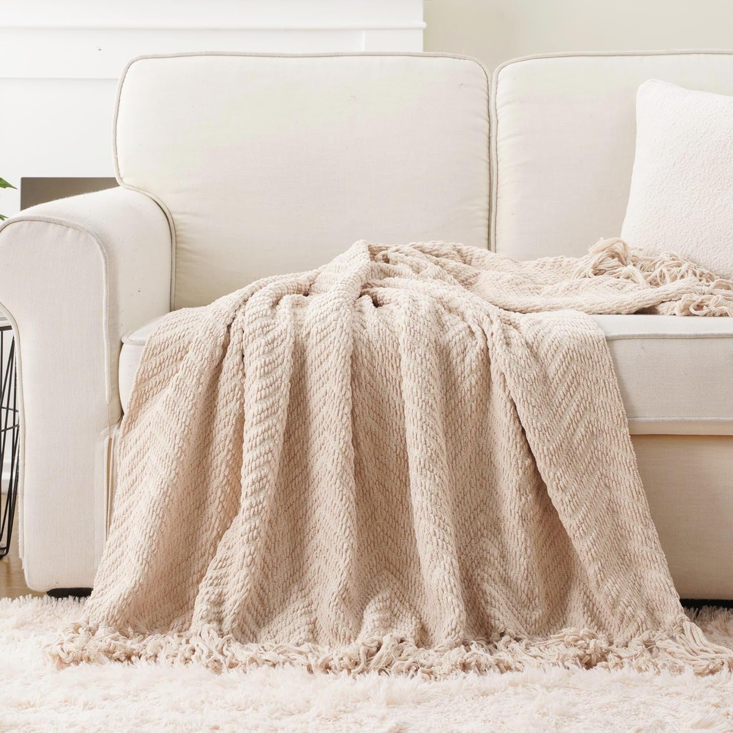 Beige Throw Blanket for Couch, Knitted Beige Throw for Bed, Neutral Throw Blankets Tan Throw Blanket for Room Decor Housewarming Gifts, 50" X 60"