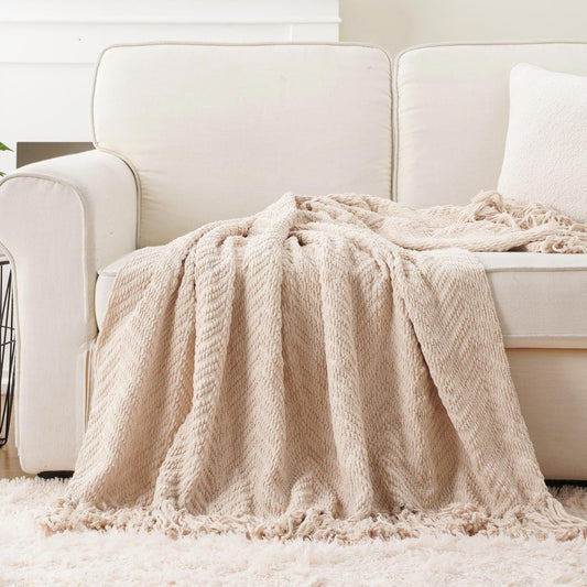 Beige Throw Blanket for Couch, Knitted Beige Throw for Bed, Neutral Throw Blankets Tan Throw Blanket for Room Decor Housewarming Gifts, 50" X 60"