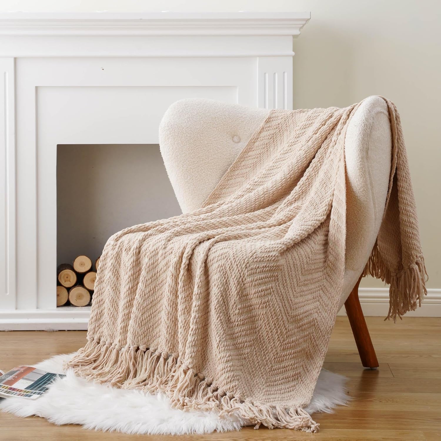 Beige Throw Blanket for Couch, Knitted Beige Throw for Bed, Neutral Throw Blankets Tan Throw Blanket for Room Decor Housewarming Gifts, 50" X 60"