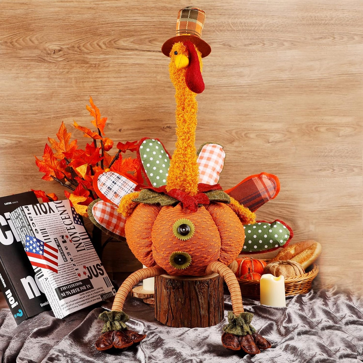 Thanksgiving Decoration 31.5" X 18.5" Plush Turkey with Stretchable Head, Handmade Stuffed Sitting Turkeys Fall Decorations for Indoor Home Tabletop Party Autumn Decor (Cock)