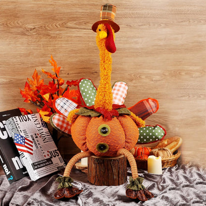Thanksgiving Decoration 31.5" X 18.5" Plush Turkey with Stretchable Head, Handmade Stuffed Sitting Turkeys Fall Decorations for Indoor Home Tabletop Party Autumn Decor (Cock)