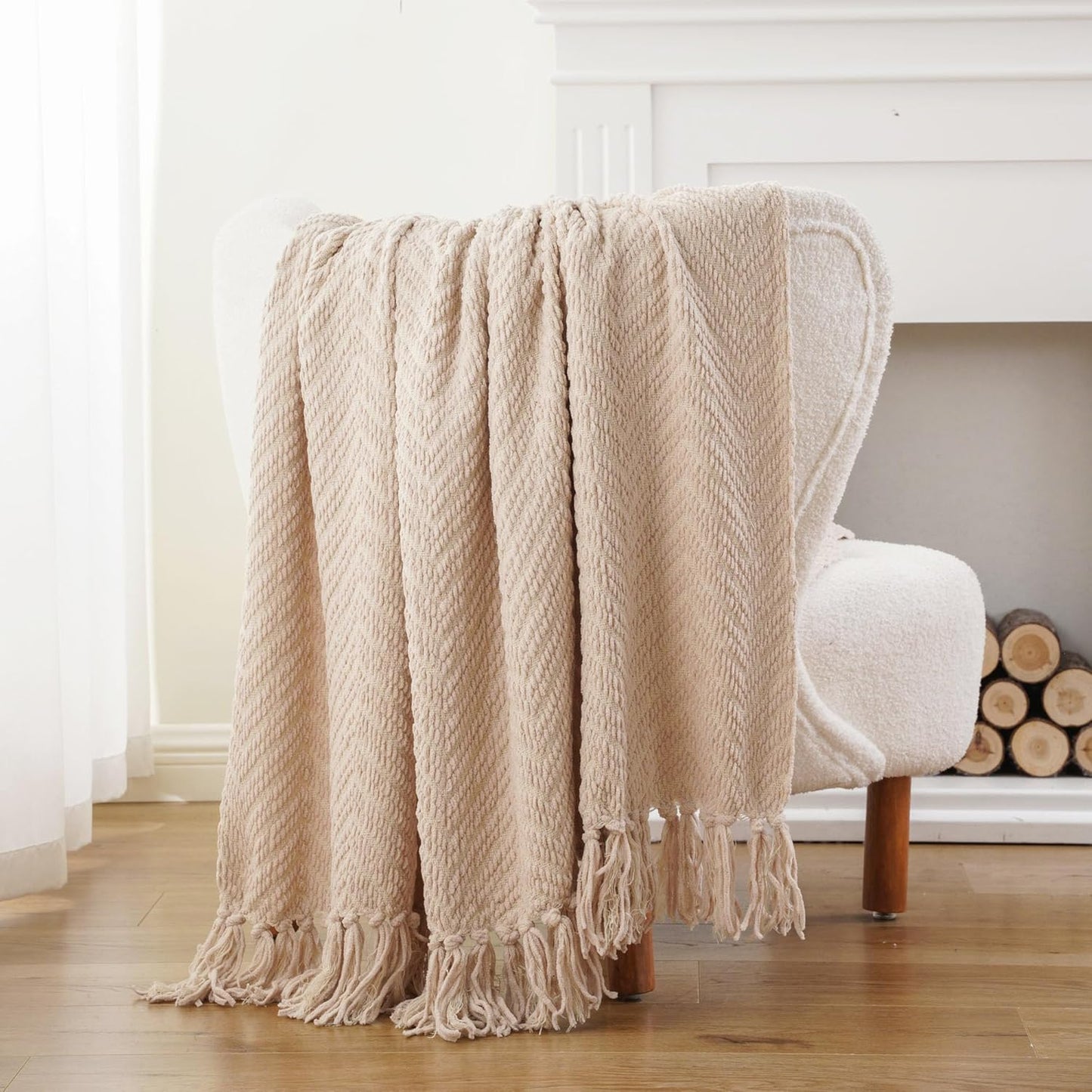 Beige Throw Blanket for Couch, Knitted Beige Throw for Bed, Neutral Throw Blankets Tan Throw Blanket for Room Decor Housewarming Gifts, 50" X 60"