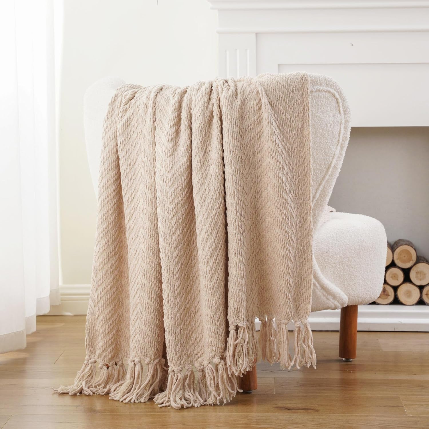 Beige Throw Blanket for Couch, Knitted Beige Throw for Bed, Neutral Throw Blankets Tan Throw Blanket for Room Decor Housewarming Gifts, 50" X 60"