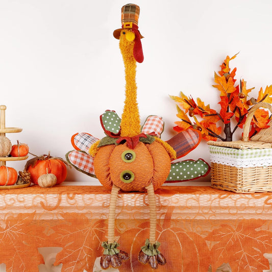 Thanksgiving Decoration 31.5" X 18.5" Plush Turkey with Stretchable Head, Handmade Stuffed Sitting Turkeys Fall Decorations for Indoor Home Tabletop Party Autumn Decor (Cock)