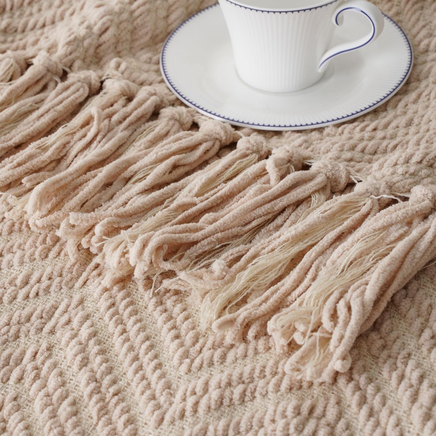 Beige Throw Blanket for Couch, Knitted Beige Throw for Bed, Neutral Throw Blankets Tan Throw Blanket for Room Decor Housewarming Gifts, 50" X 60"