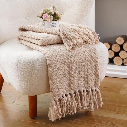 Beige Throw Blanket for Couch, Knitted Beige Throw for Bed, Neutral Throw Blankets Tan Throw Blanket for Room Decor Housewarming Gifts, 50" X 60"