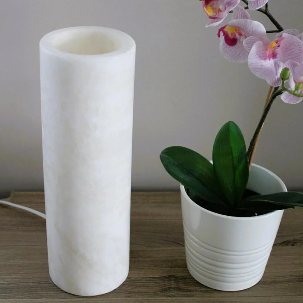 White Cylindrical Onyx Table Lamp, Minimalist Stone Lamp, Nightstand Lamp, Funky Bedside Lamp, Desk Lamp, Decorative Lamp, 4 "W X 12 "H X 4 "D, Accent Lamp for Living Room, Bedroom (Single-One Lamp)