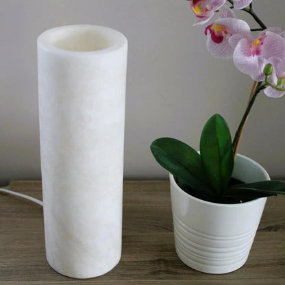 White Cylindrical Onyx Table Lamp, Minimalist Stone Lamp, Nightstand Lamp, Funky Bedside Lamp, Desk Lamp, Decorative Lamp, 4 "W X 12 "H X 4 "D, Accent Lamp for Living Room, Bedroom (Single-One Lamp)