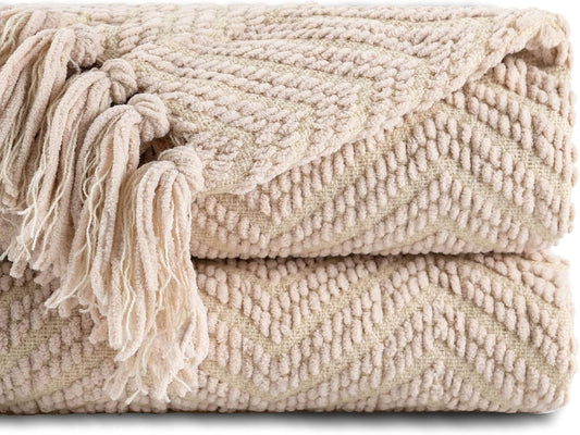Beige Throw Blanket for Couch, Knitted Beige Throw for Bed, Neutral Throw Blankets Tan Throw Blanket for Room Decor Housewarming Gifts, 50" X 60"