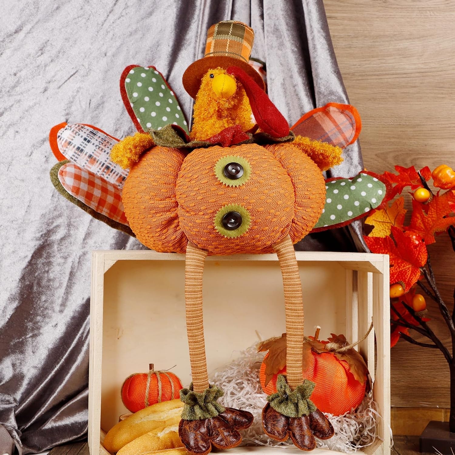 Thanksgiving Decoration 31.5" X 18.5" Plush Turkey with Stretchable Head, Handmade Stuffed Sitting Turkeys Fall Decorations for Indoor Home Tabletop Party Autumn Decor (Cock)