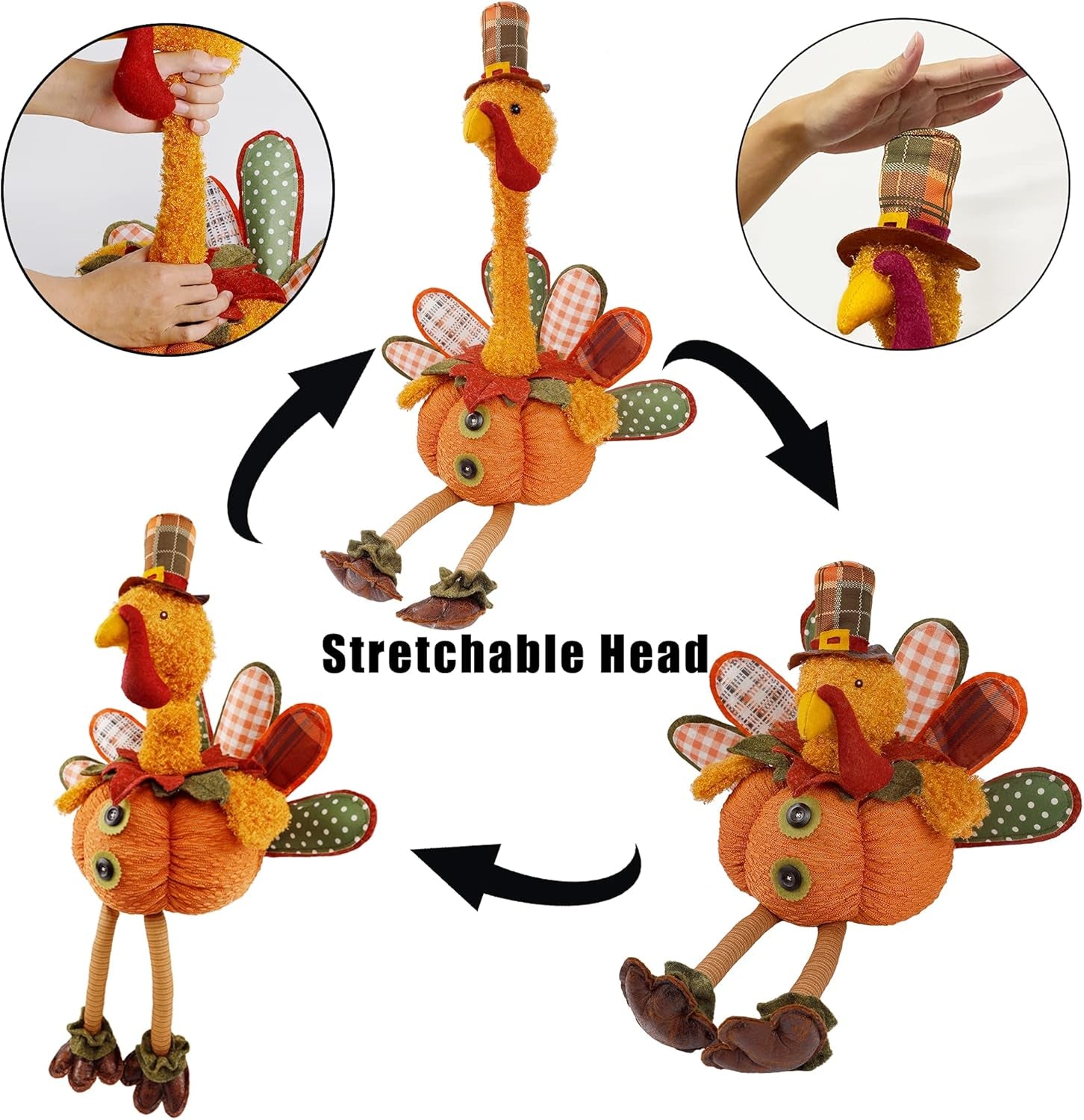 Thanksgiving Decoration 31.5" X 18.5" Plush Turkey with Stretchable Head, Handmade Stuffed Sitting Turkeys Fall Decorations for Indoor Home Tabletop Party Autumn Decor (Cock)