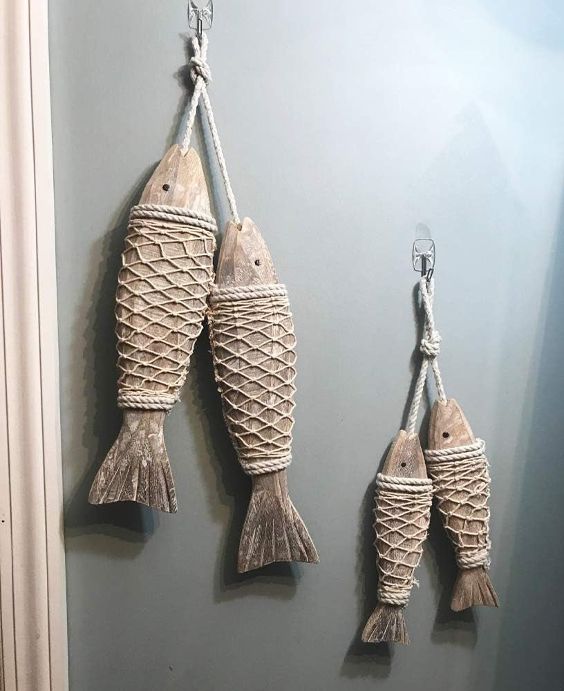 Antique Wood Fish Decor Ornament Wall Hanging Decorative Sculpture Wooden Fish for Home Nautical Theme