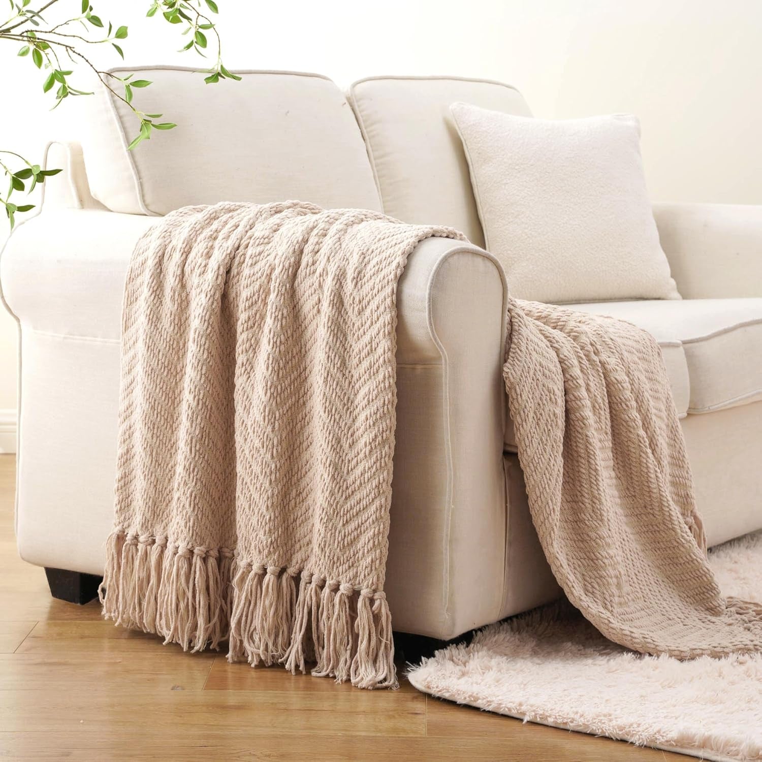 Beige Throw Blanket for Couch, Knitted Beige Throw for Bed, Neutral Throw Blankets Tan Throw Blanket for Room Decor Housewarming Gifts, 50" X 60"