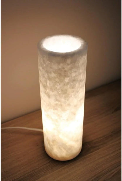 White Cylindrical Onyx Table Lamp, Minimalist Stone Lamp, Nightstand Lamp, Funky Bedside Lamp, Desk Lamp, Decorative Lamp, 4 "W X 12 "H X 4 "D, Accent Lamp for Living Room, Bedroom (Single-One Lamp)